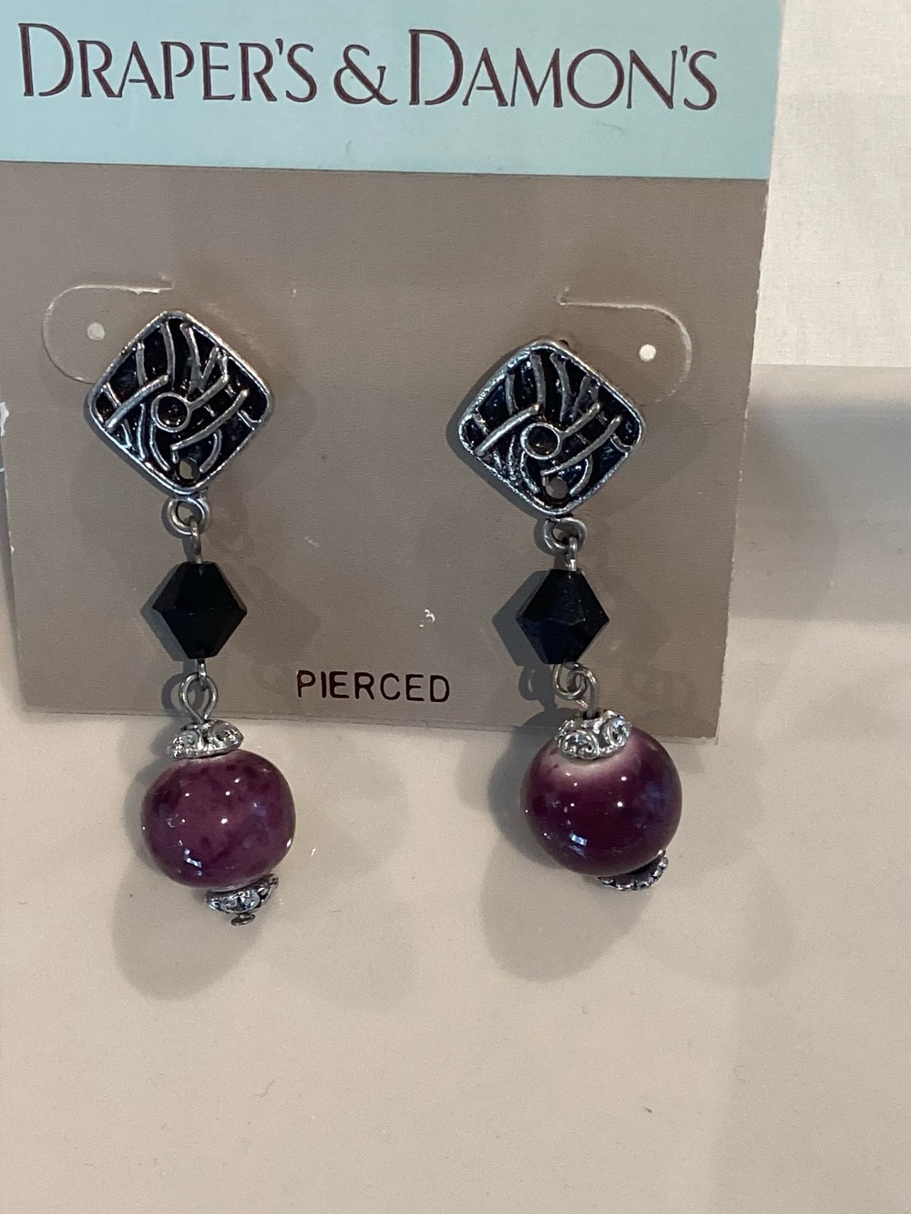 Draper's & Damon's silver with purple & black stones dangle pierced earrings New